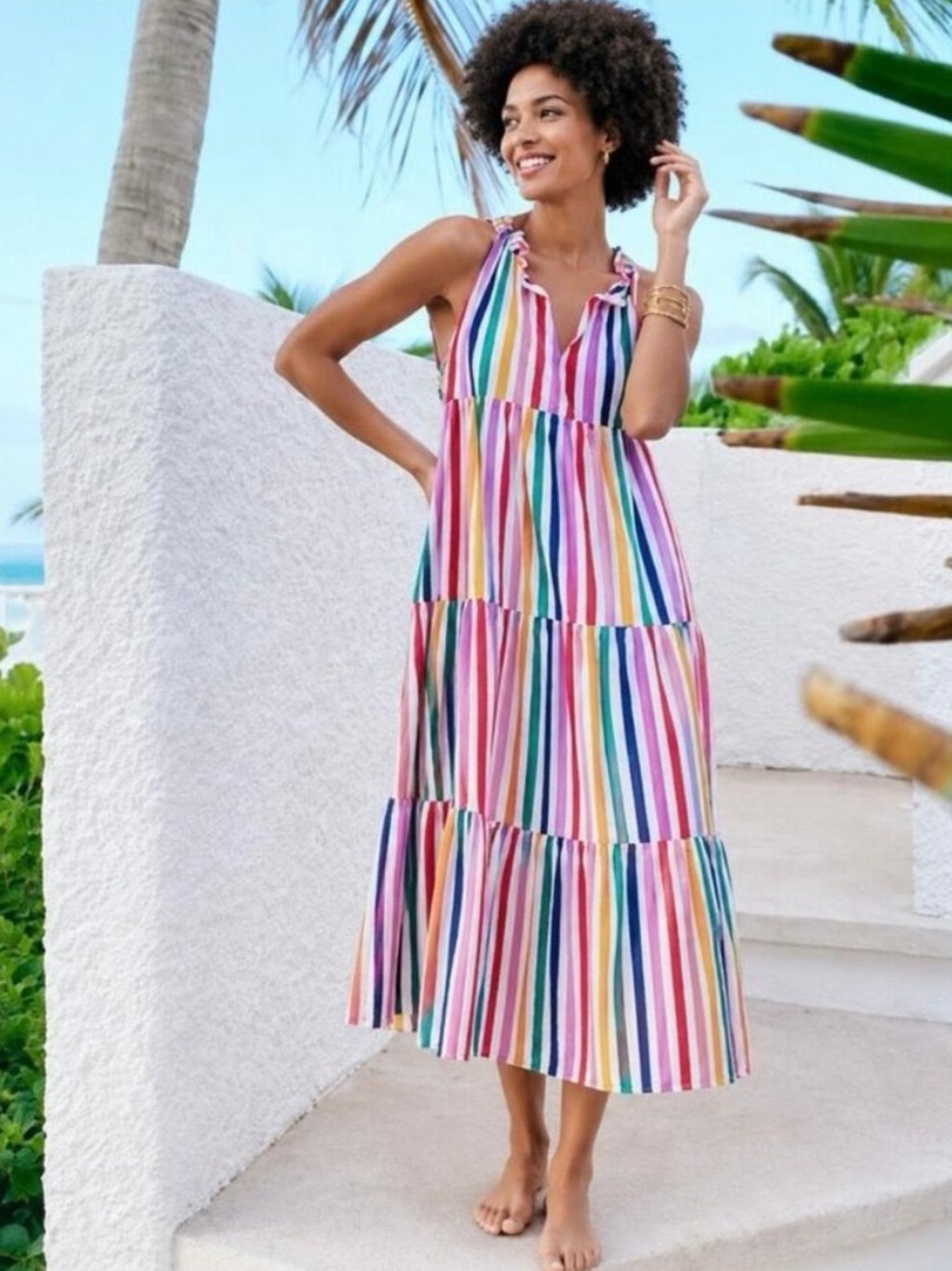 J. Crew Rainbow Candy Stripe Tiered Maxi Dress Multicolor Sleeveless Size XS